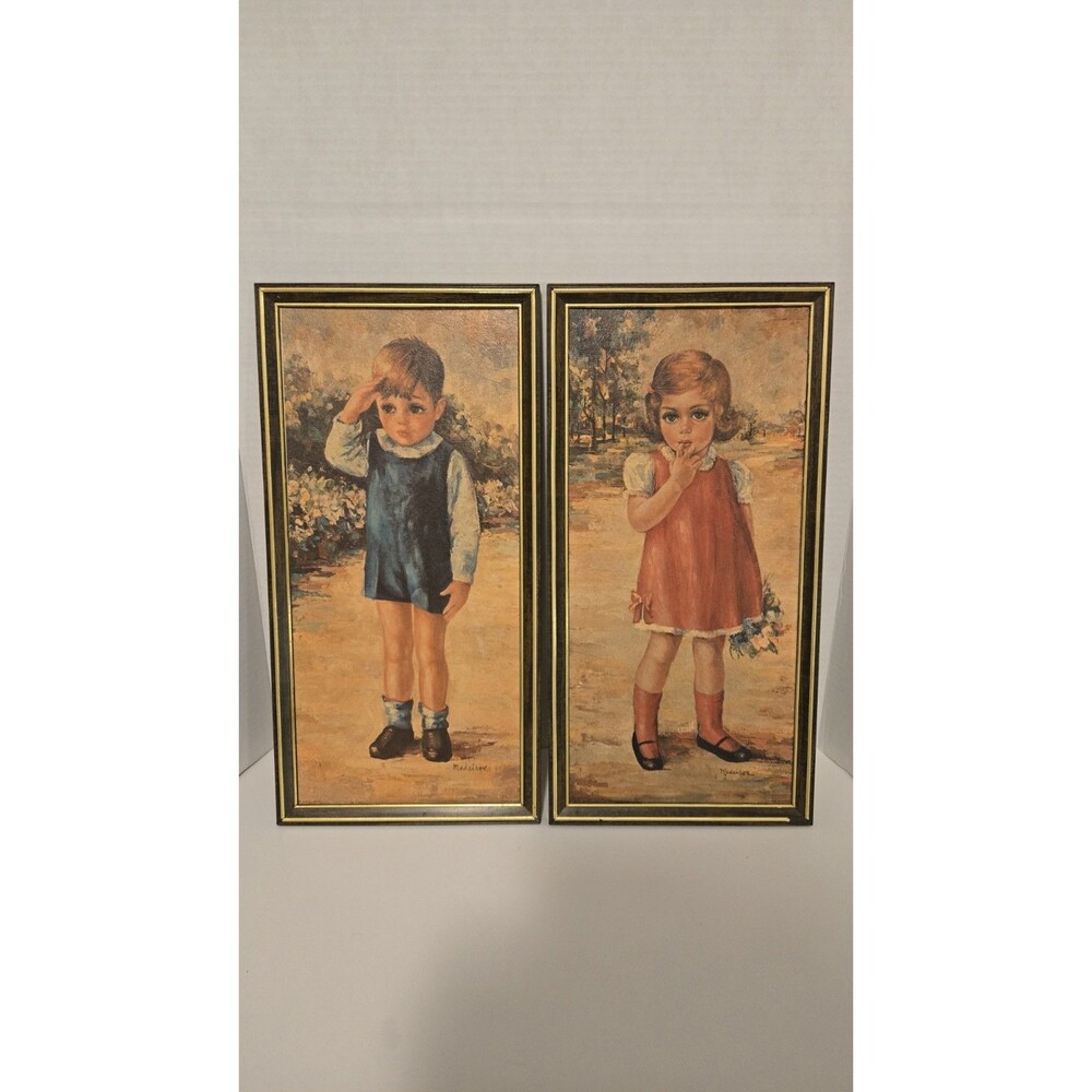 Vintage Framed Art By Medeiros Salute JFK Jr. In Blue Big Eyes Caroline Sister